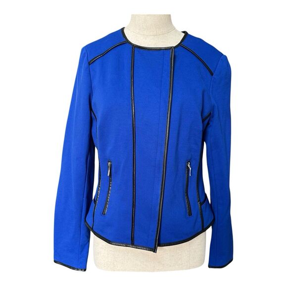 INC International Concepts Blue Moto Jacket Size M Faux Leather Trim Zip Pockets - Picture 2 of 5